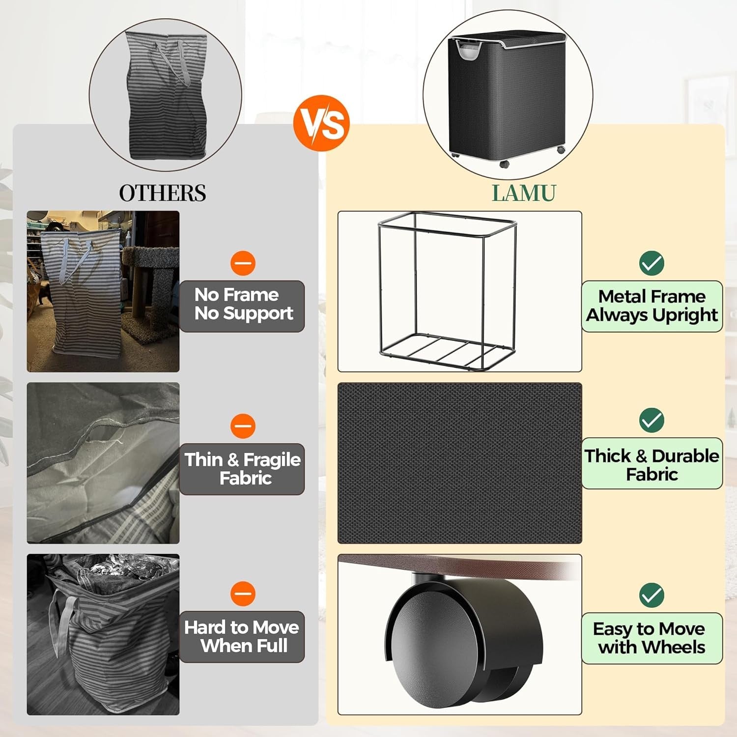 160L Large Rolling Laundry Hamper with Lid 2-Section Basket Removable Bags Black
