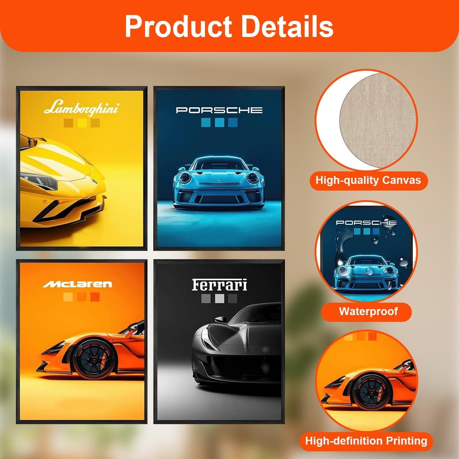 Sports Car Canvas Wall Art Set Modern Racing Prints Man Cave Bedroom Decor
