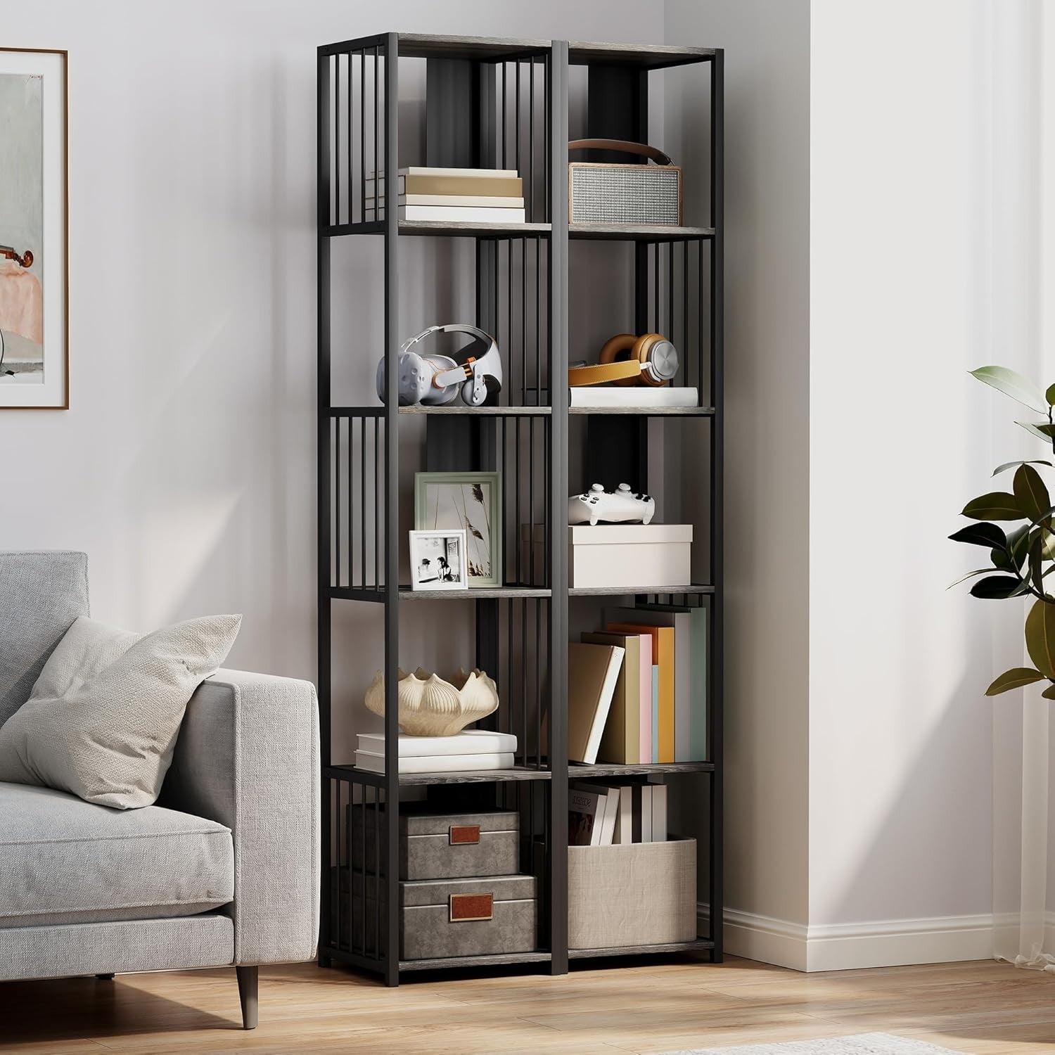 Tall 5-Tier Metal Frame Bookcase Modern Open Display Shelf Unit – Grey