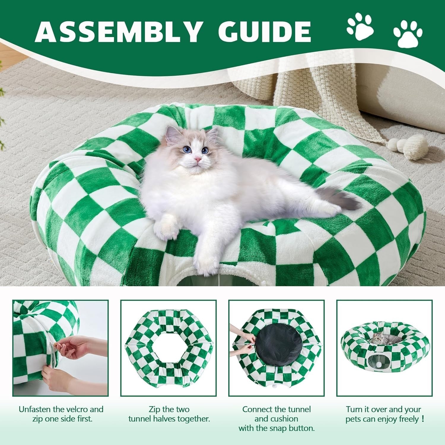 Checkered Cat Donut Tunnel Bed Peekaboo Cave w Cushion & Ball Toy