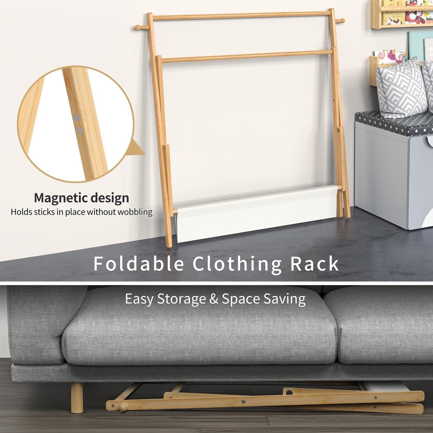 Large Bamboo Kids Clothing Rack Foldable Dress Up Rail with Shelf