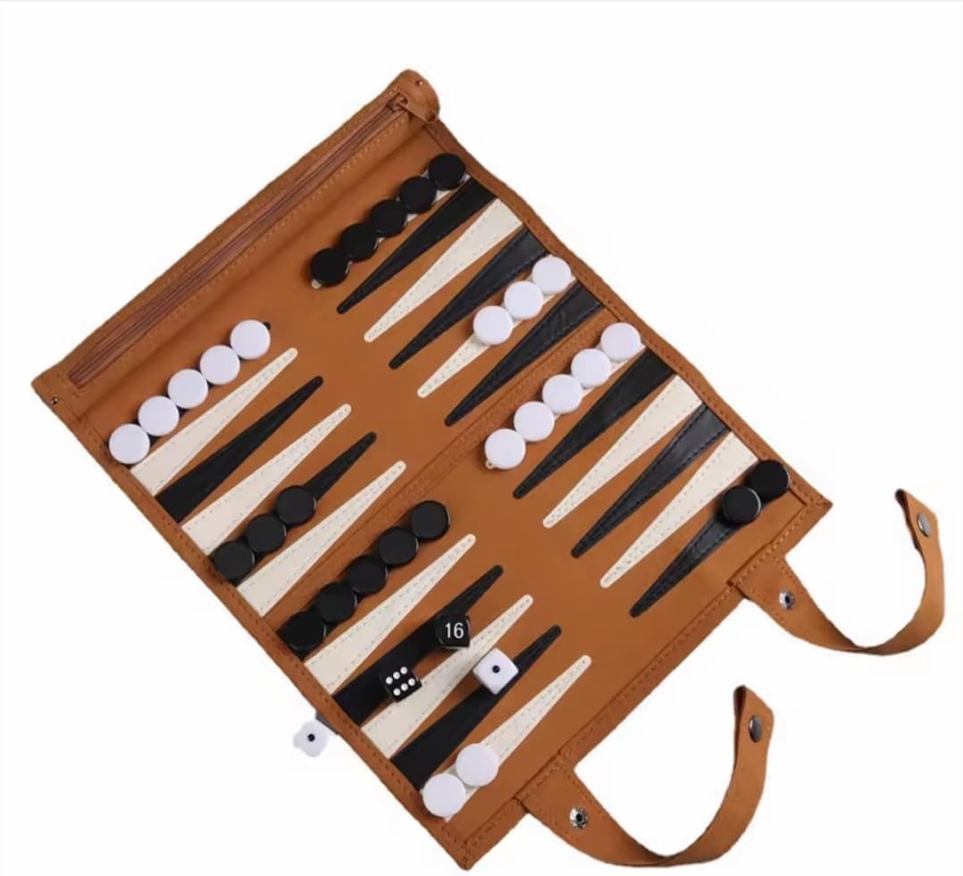 Portable Roll Up Backgammon Set Travel Board Game Faux Leather Case