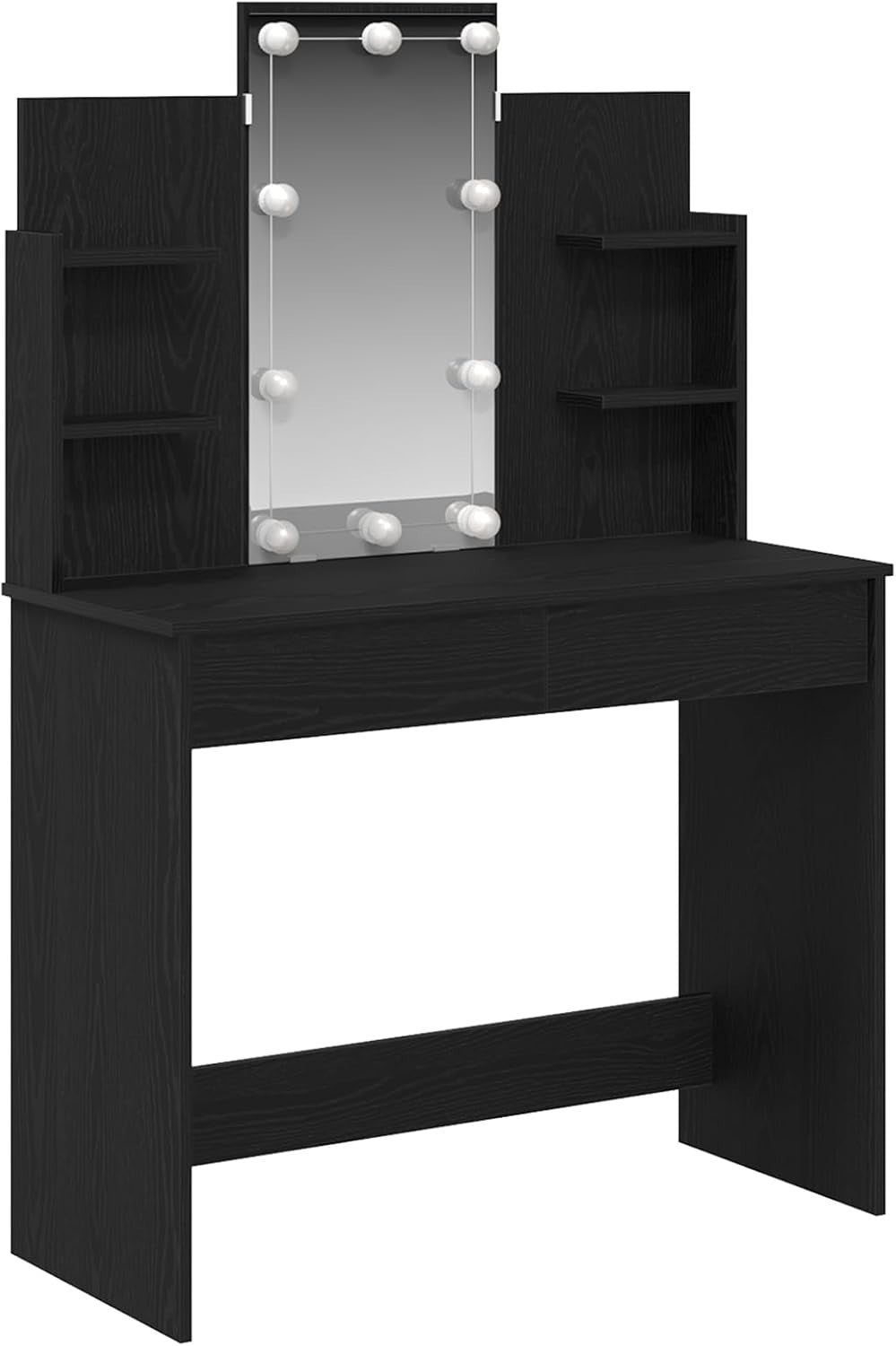 Contemporary Vanity Dresser 6 Drawer LED Mirror Black Oak Makeup Table