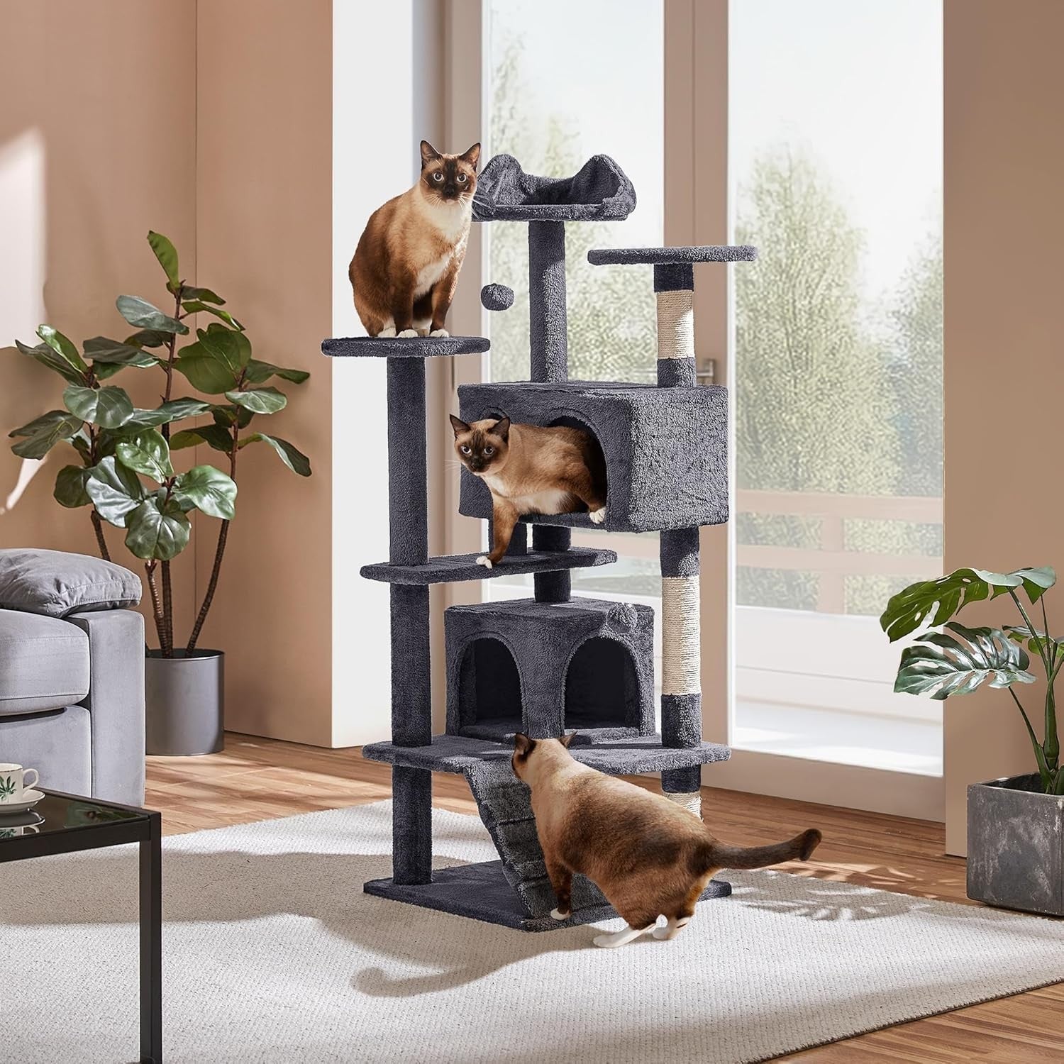 Large Cat Tree 138.5cm Multi Level Scratching Tower Condo Dark Grey
