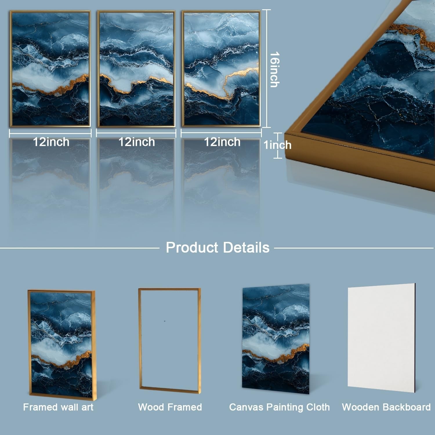 Modern Abstract Wall Art Set of 3 Navy Blue Gold Framed Prints 12x16
