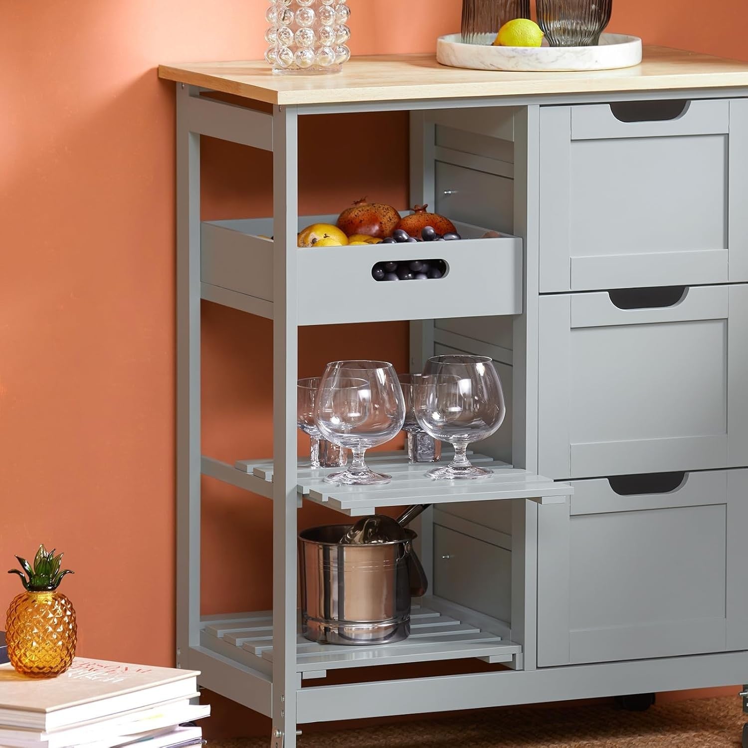 Kitchen Island Trolley with 3 Drawers & Removable Tray Grey 67x37cm