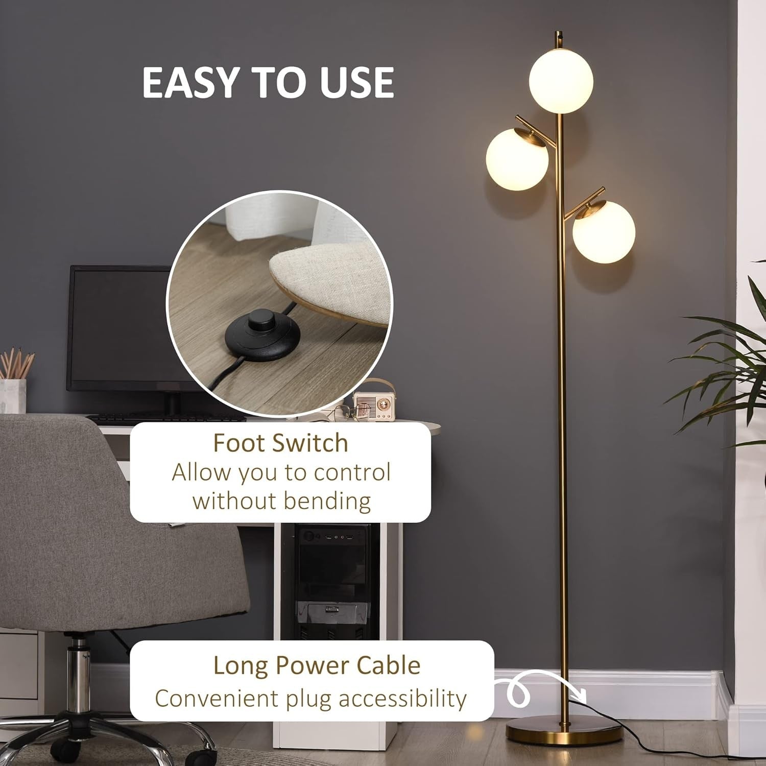 3 Light Tree Floor Lamp LED Globe Shades Gold Standing Lamp Living Room