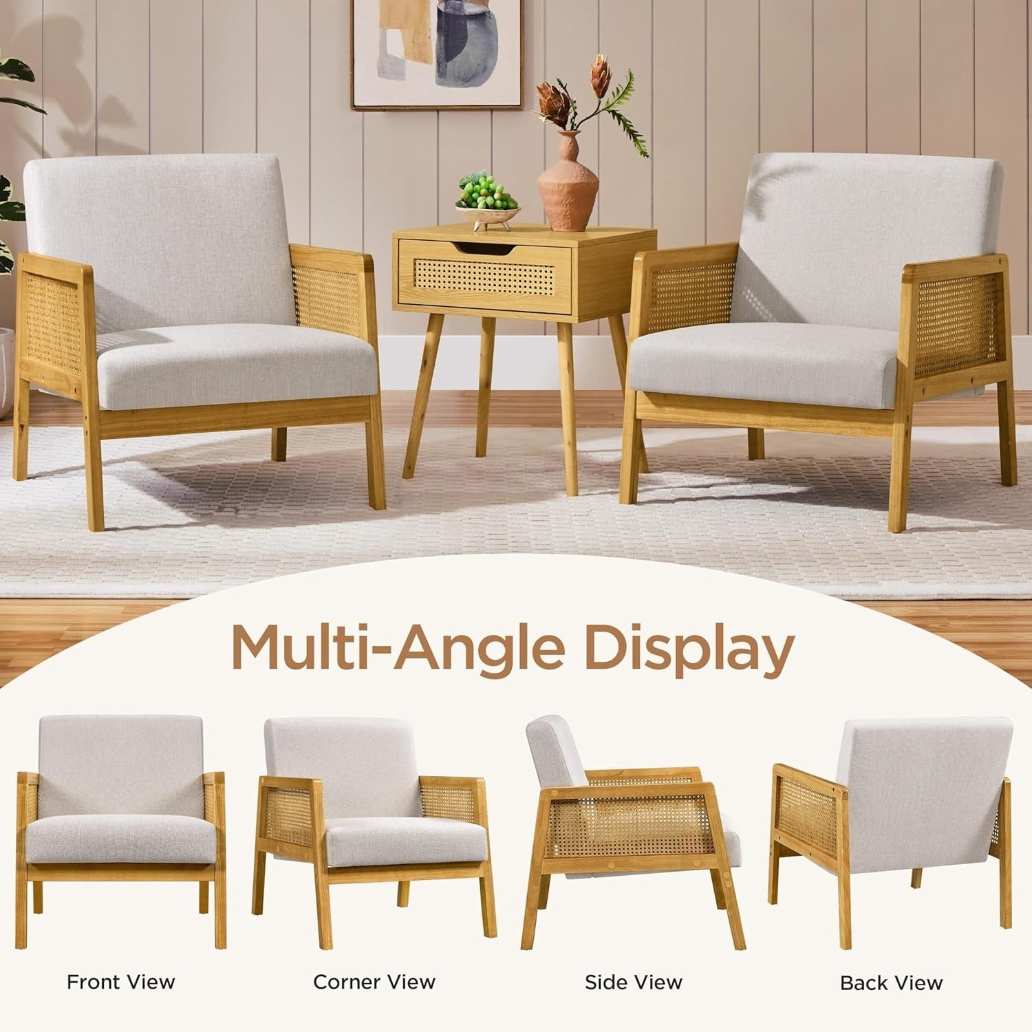 Linen Fabric Accent Armchair Modern Indoor Lounge Chair with Cane Sides