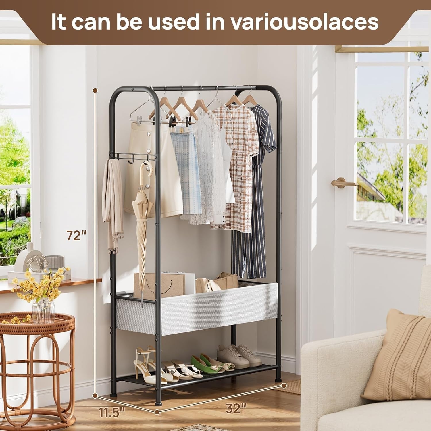 Tall Clothes Rail Black Metal Rack with Wheels, 183cm Height, Bottom Shelf