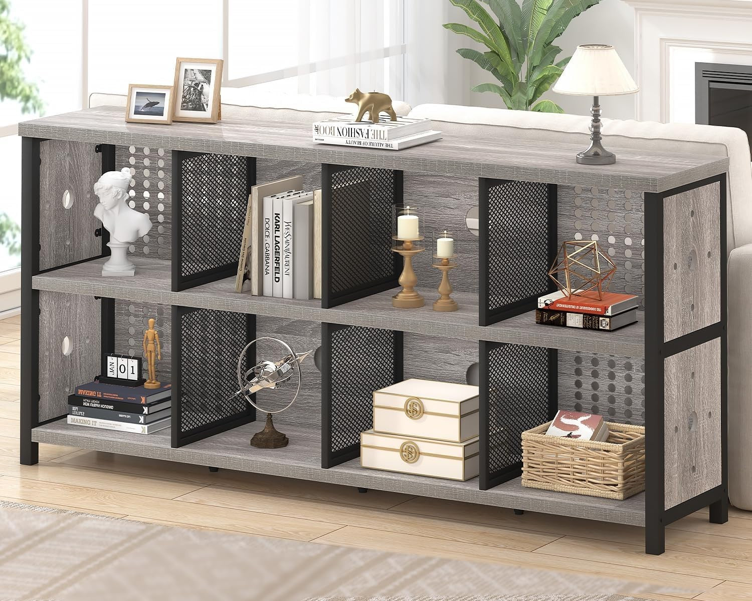 Light Grey Oak 8 Cube Wooden Bookcase Storage Cabinet Industrial 160x34x76cm
