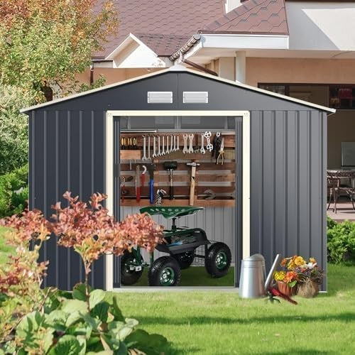 Metal Garden Shed 9x6FT Lockable Outdoor Storage Sloped Roof + Vents