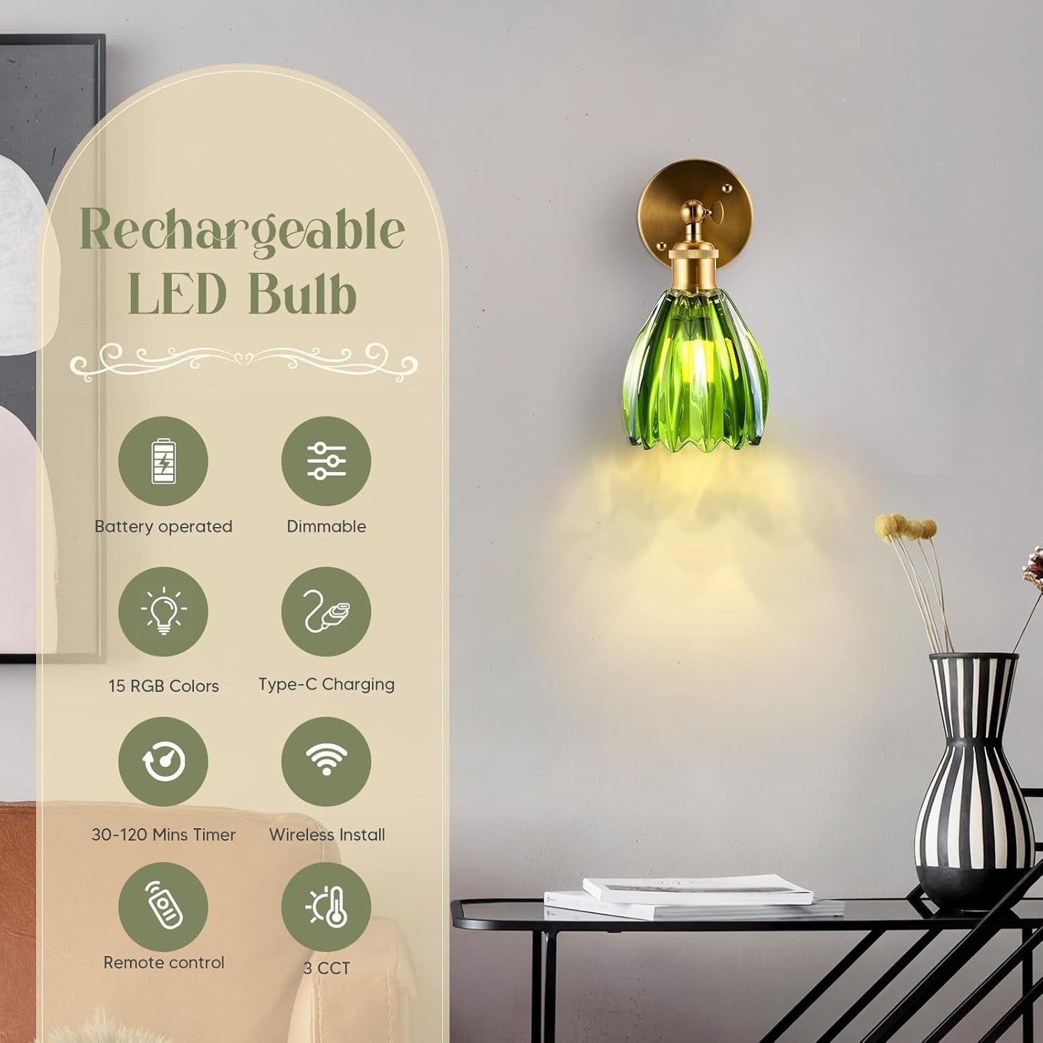 Vintage Wall Sconce Lights Set 2 Green Glass LED Wireless Dimmable Remote