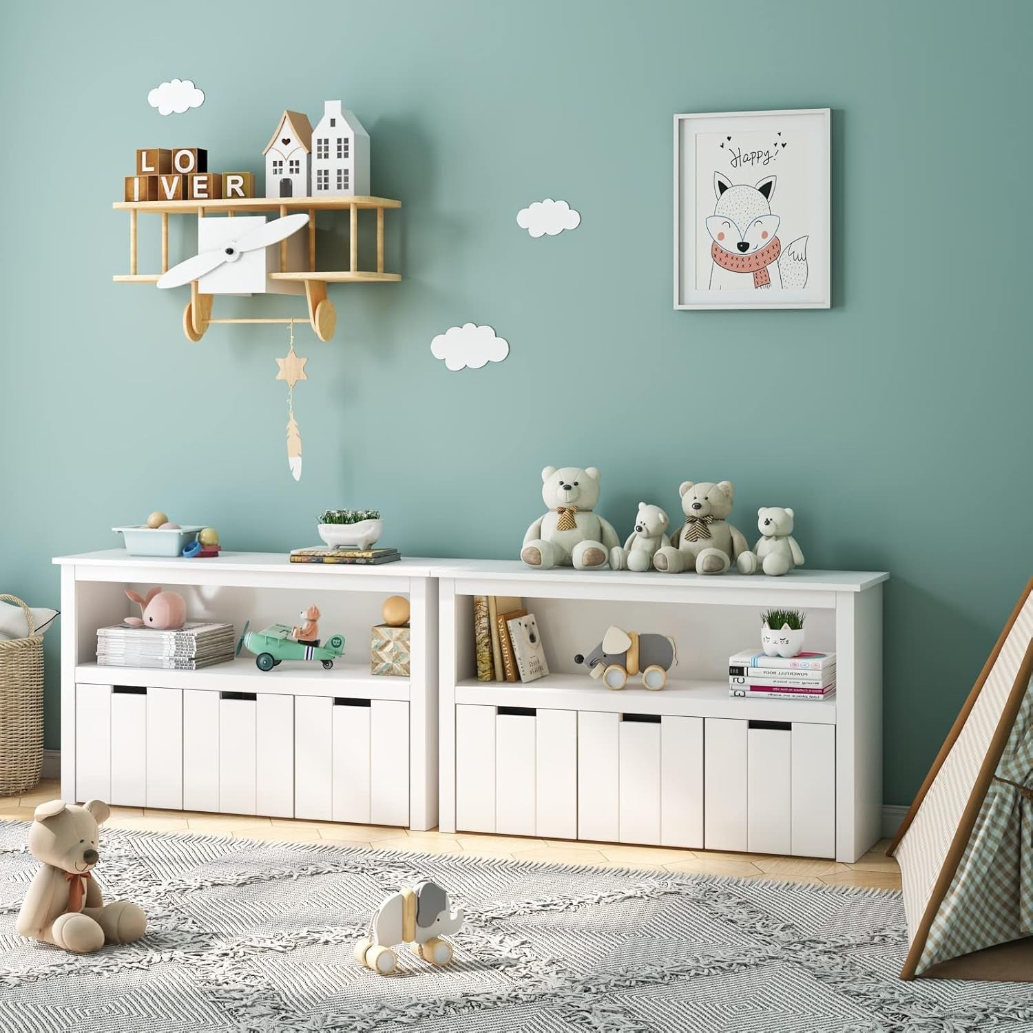 White Kids Toy Storage Cabinet w/ Wheels – 3 Drawer Bookcase 102x62cm