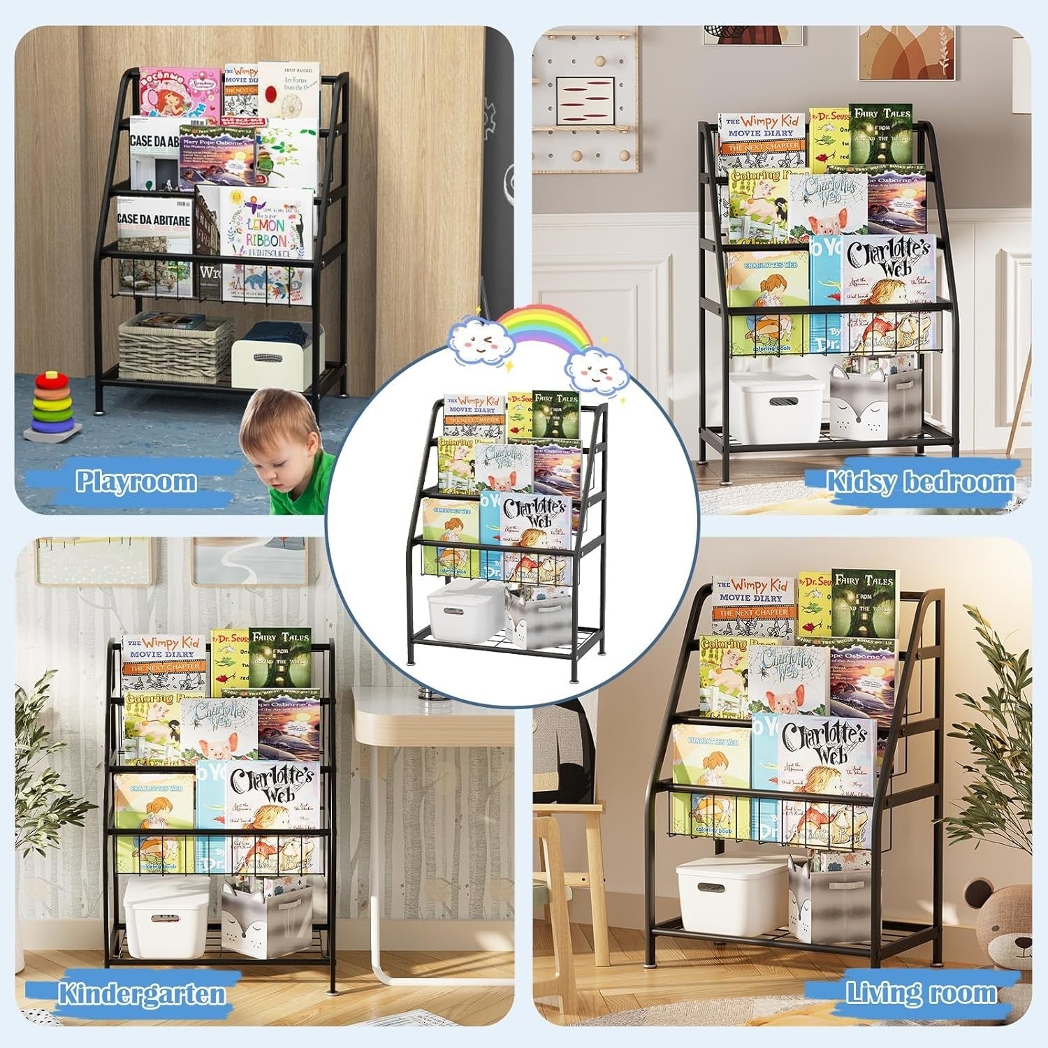 Kids Bookcase & Toy Organizer Shelf – Durable Metal, Space-Saving Leaning Rack
