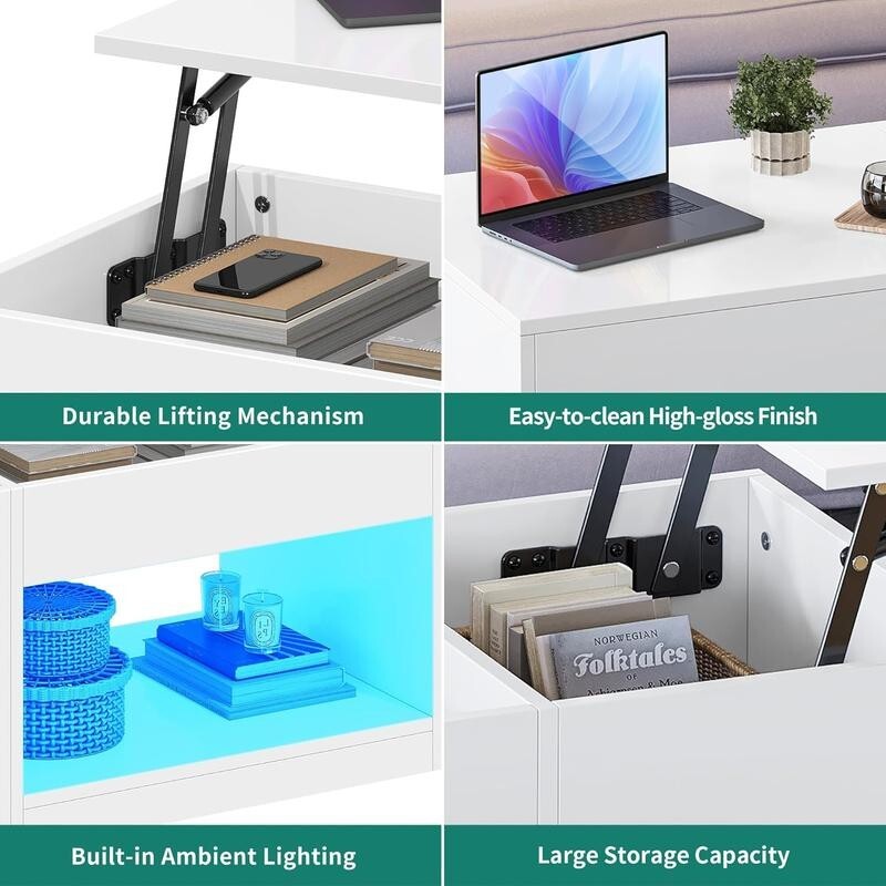 Lift Top LED Coffee Table White Gloss Storage RGB Light Desk Living Room