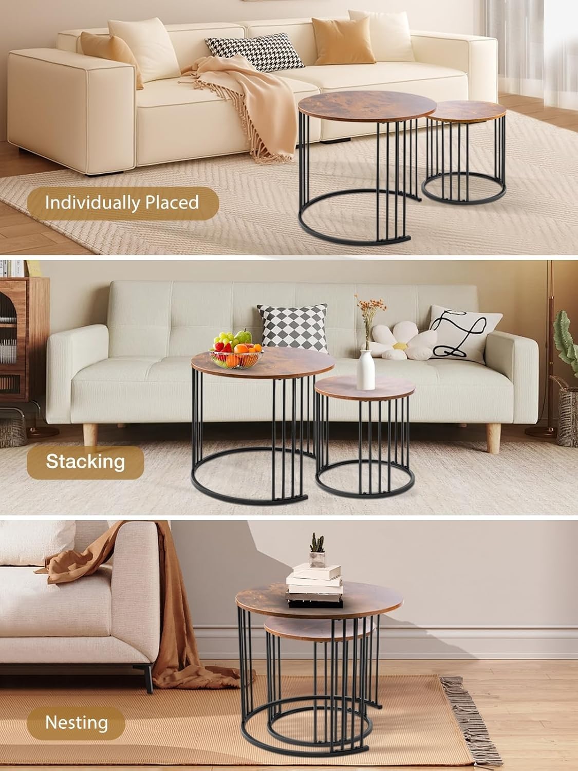 Brown Wood Nesting Coffee Table Set Round Modern Rustic Metal Frame Sled Base