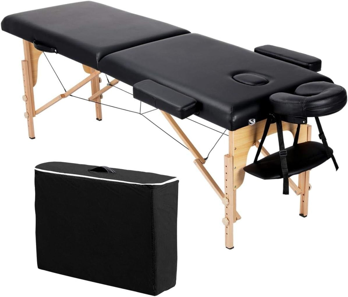 Portable Wood Massage Table Folding 2-Section Beauty Lash Bed Black 60cm Width