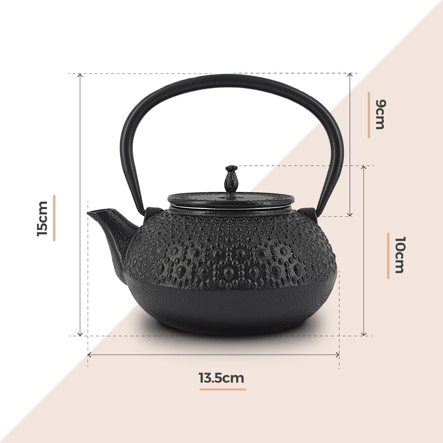Cast Iron Teapot 650ml Tea Pot w/ Infuser Black Dotty Tetsubin Style