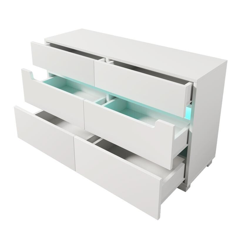 White Sideboard Dresser with RGB LED, 6 Drawers, Storage Chest Unit 120cm