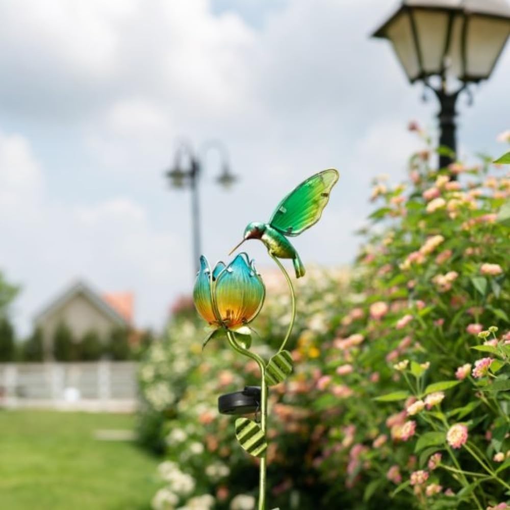 Solar Hummingbird & Tulip Garden Light Large Glass LED Outdoor Yard Stake 41in