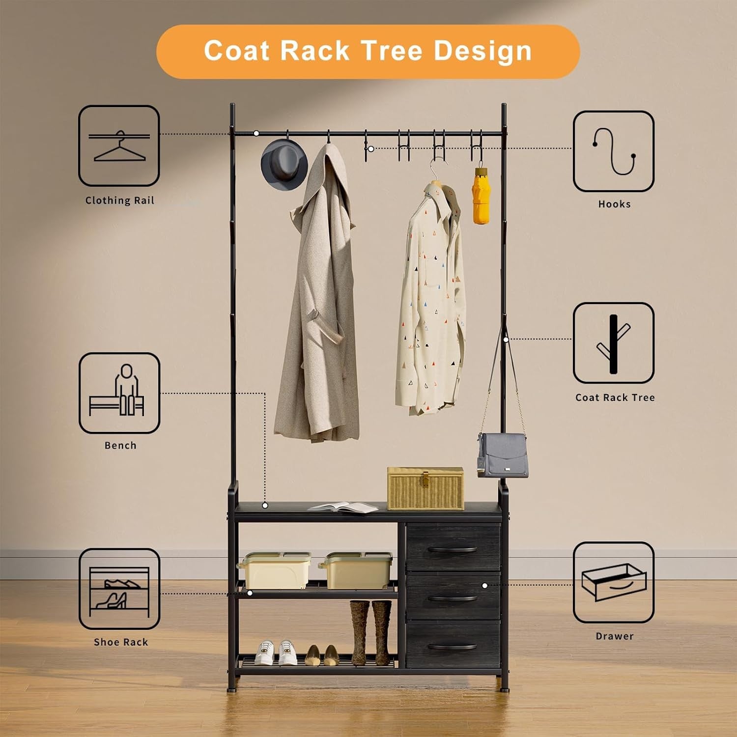 Industrial Coat Rack with Drawer & Shelves | Hall Tree Stand with 6 Hooks