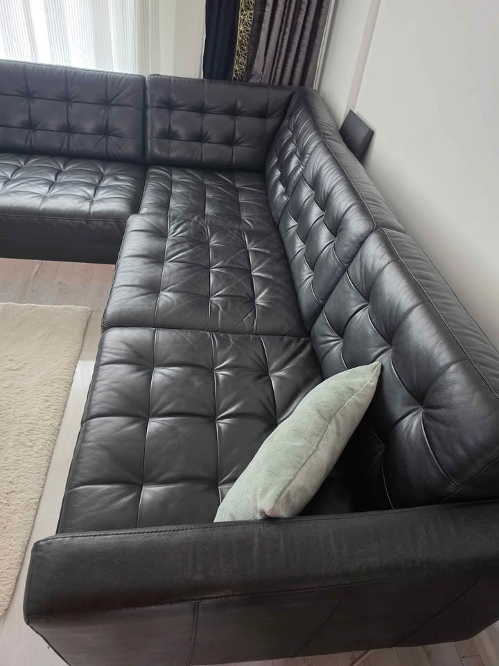 Large Black Leather Corner Sofa L-Shape Sofa (PTP)