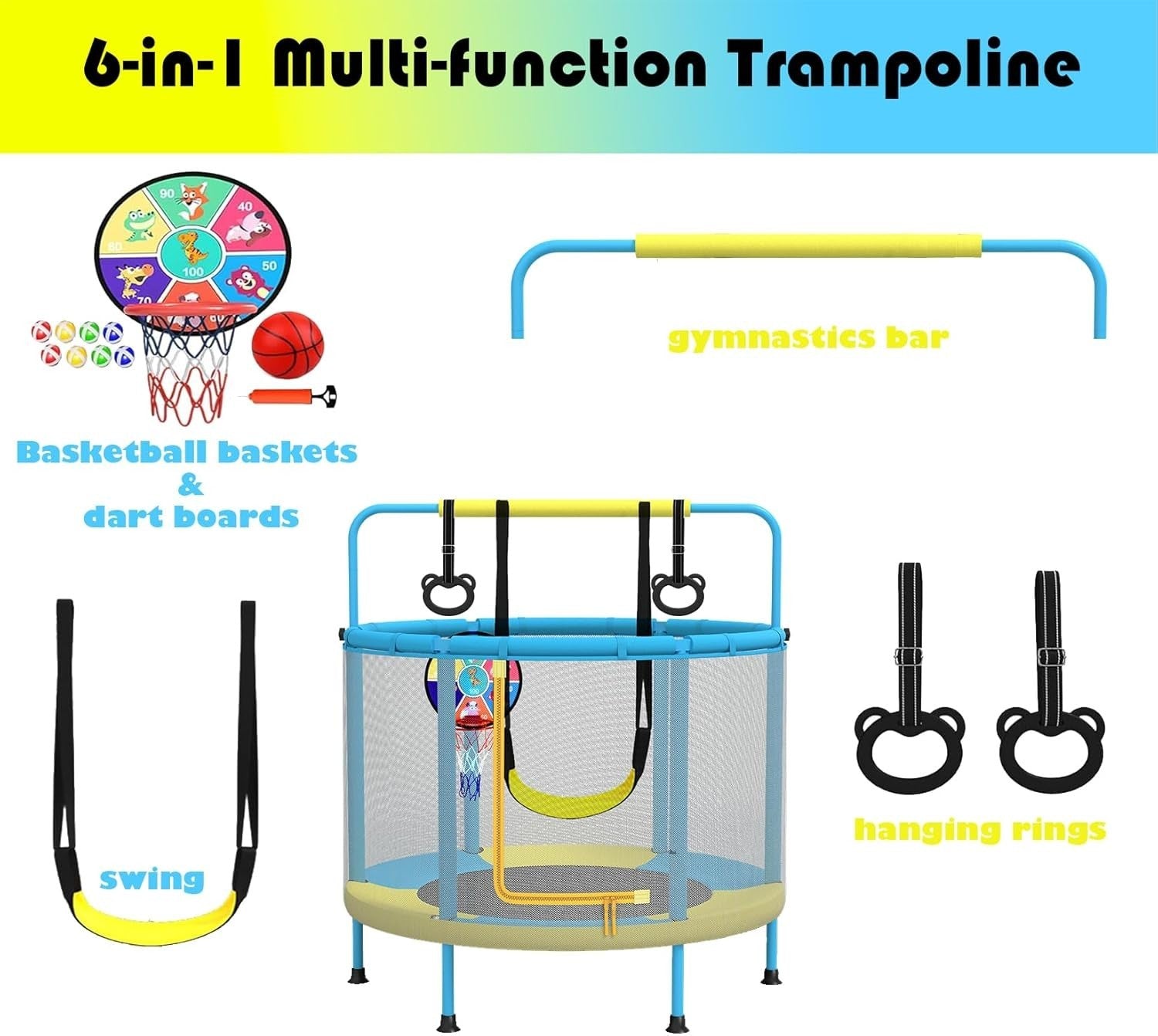 4-In-1 Kids Trampoline with Swing Bars Hoops Indoor Outdoor Playset