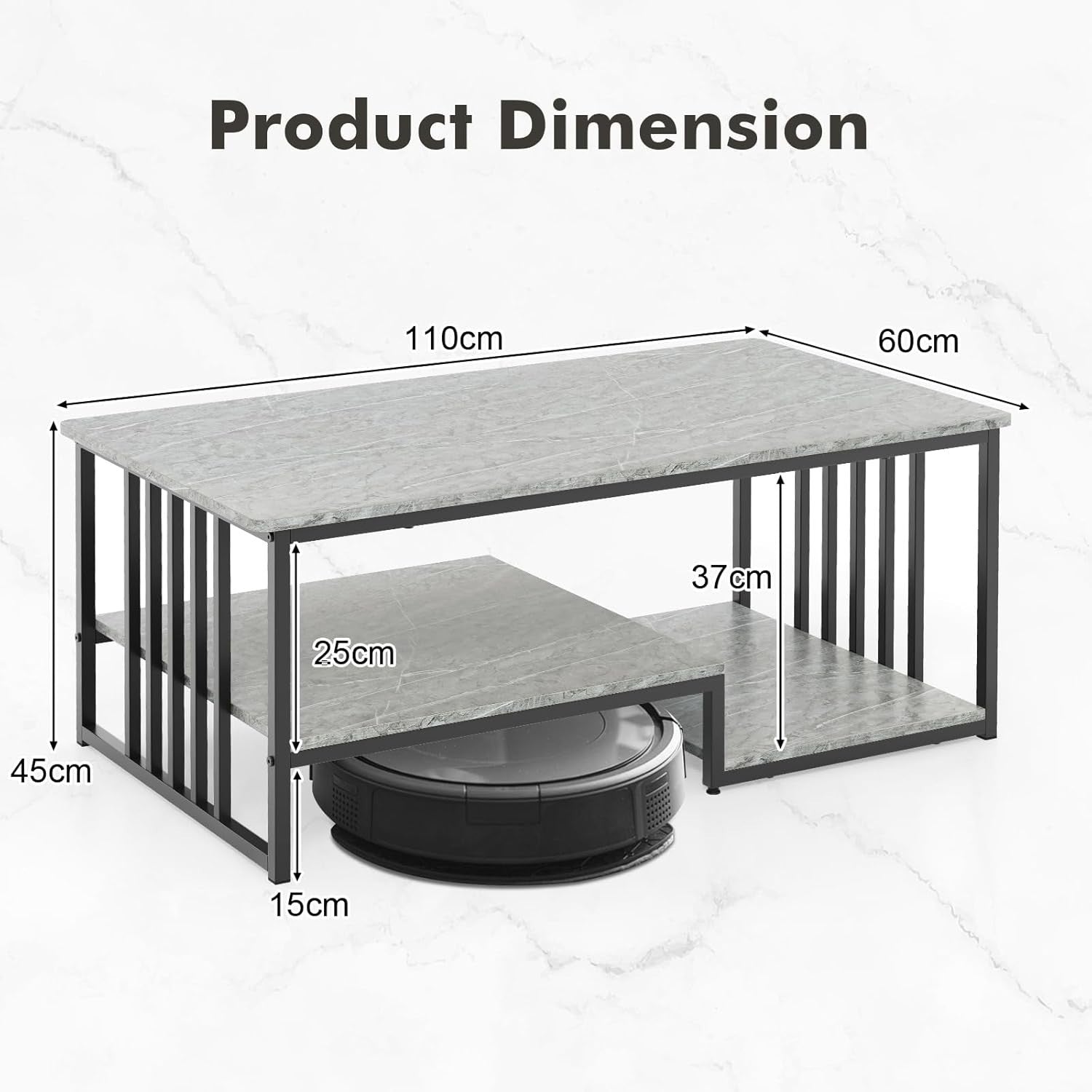 3-Tier Faux Marble Coffee Table with Storage Shelves & Sturdy Metal Frame