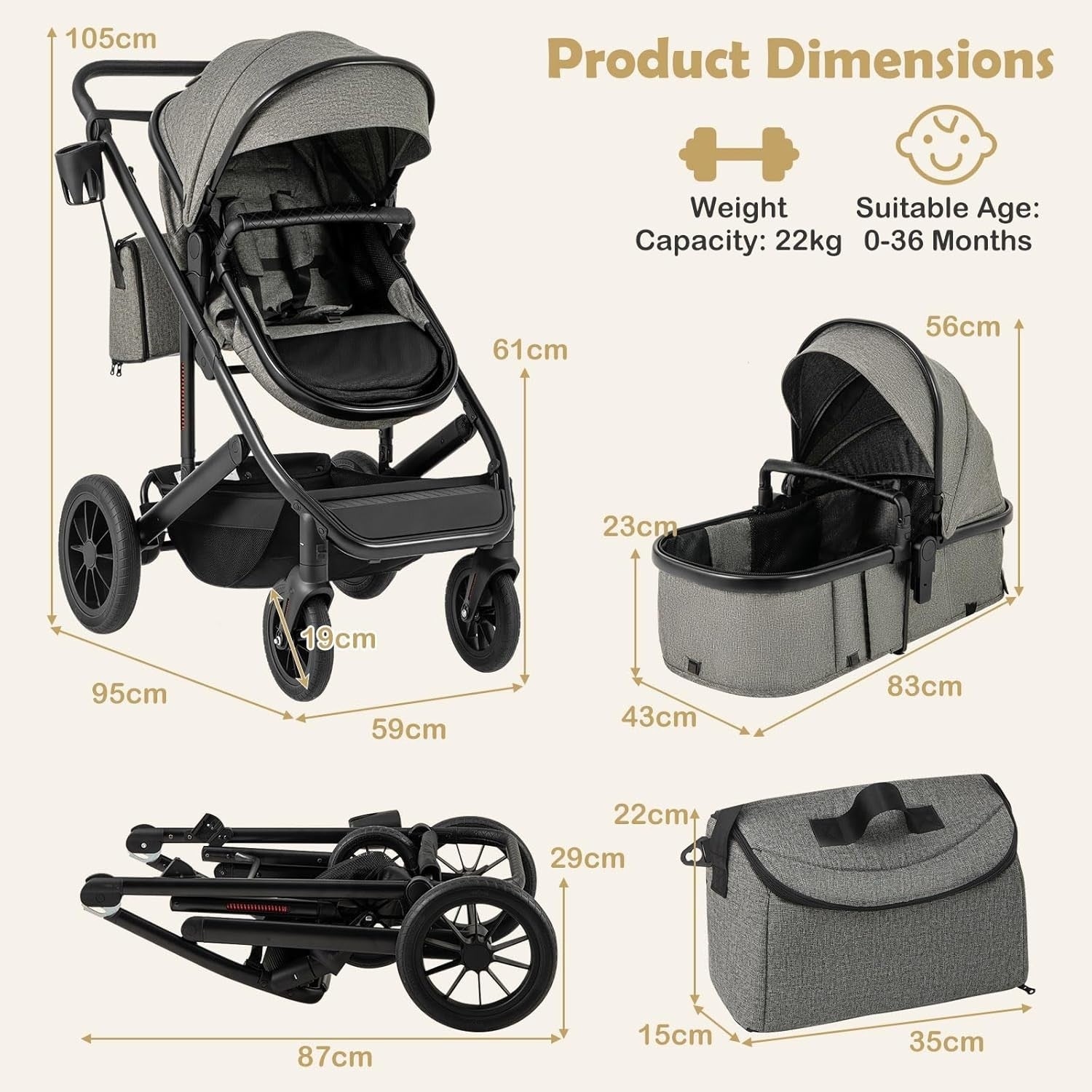 3in1 Baby Stroller Travel System Foldable Pushchair Reversible Seat Grey