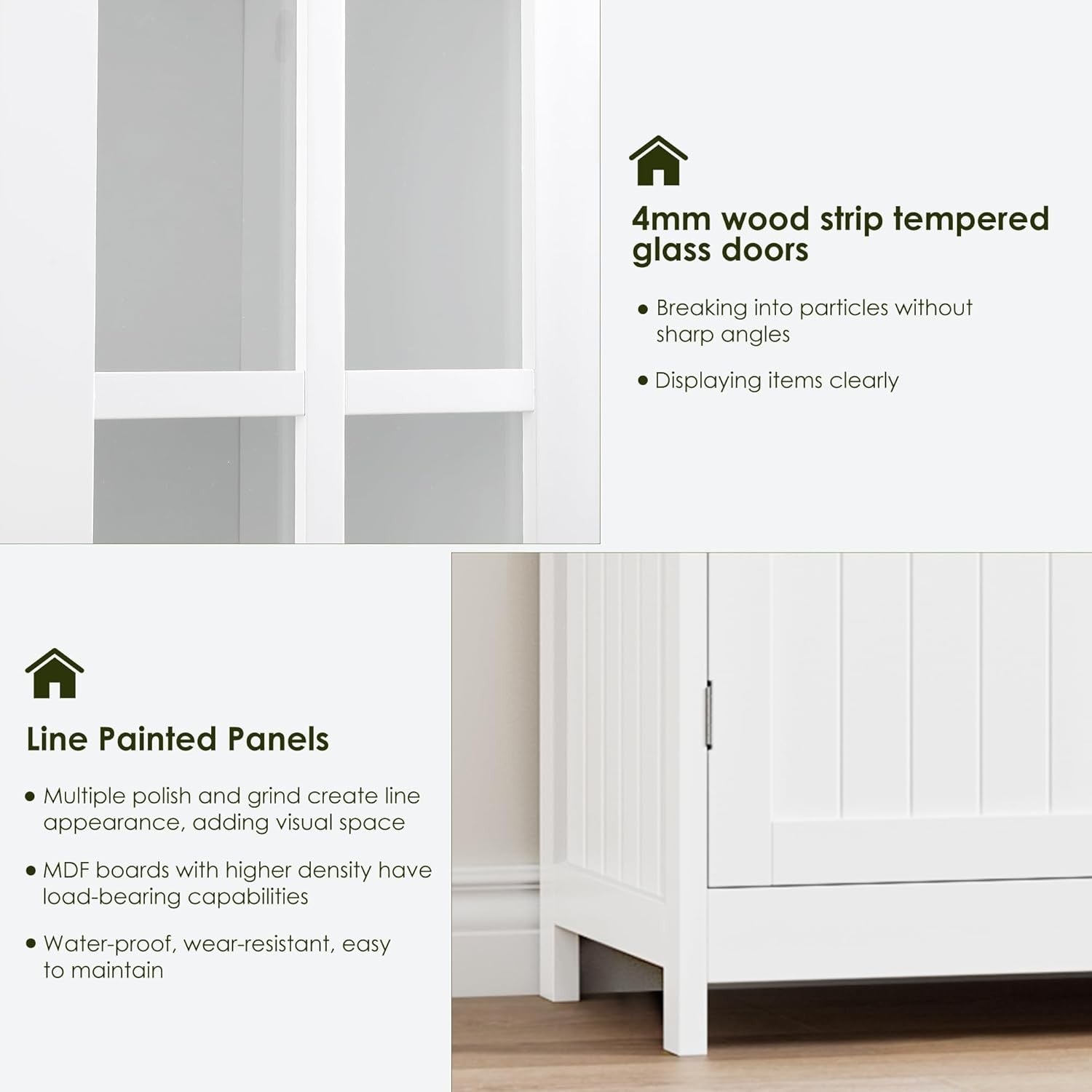 White Freestanding Kitchen Storage Cabinet with Glass Doors & Drawers