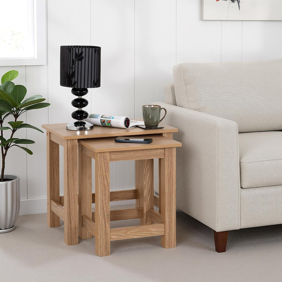 2X Space Saving End Tables | Rectangular Classic Nesting Side Lamp Table Set