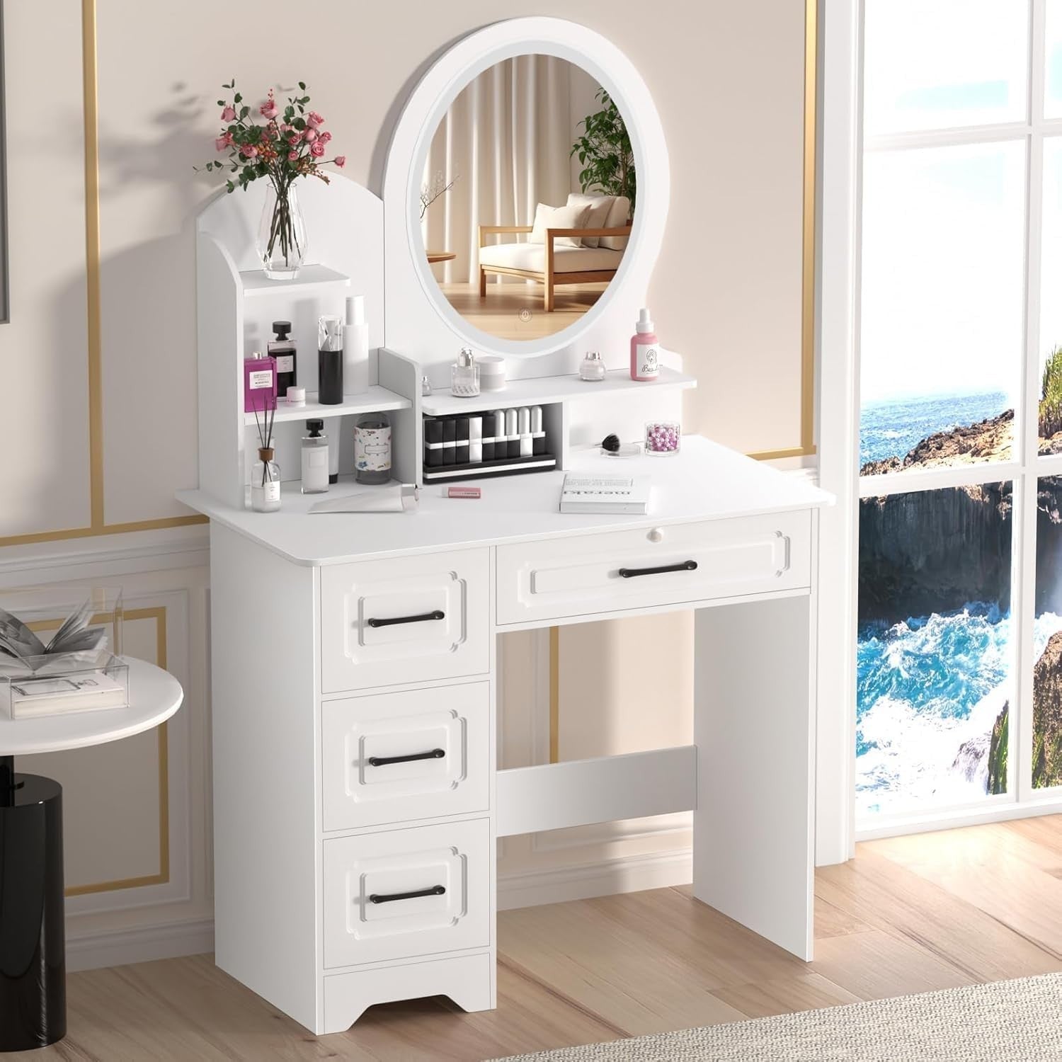 European Style Makeup Vanity Desk Lighted Mirror 3 Color LED 4 Drawers Storage
