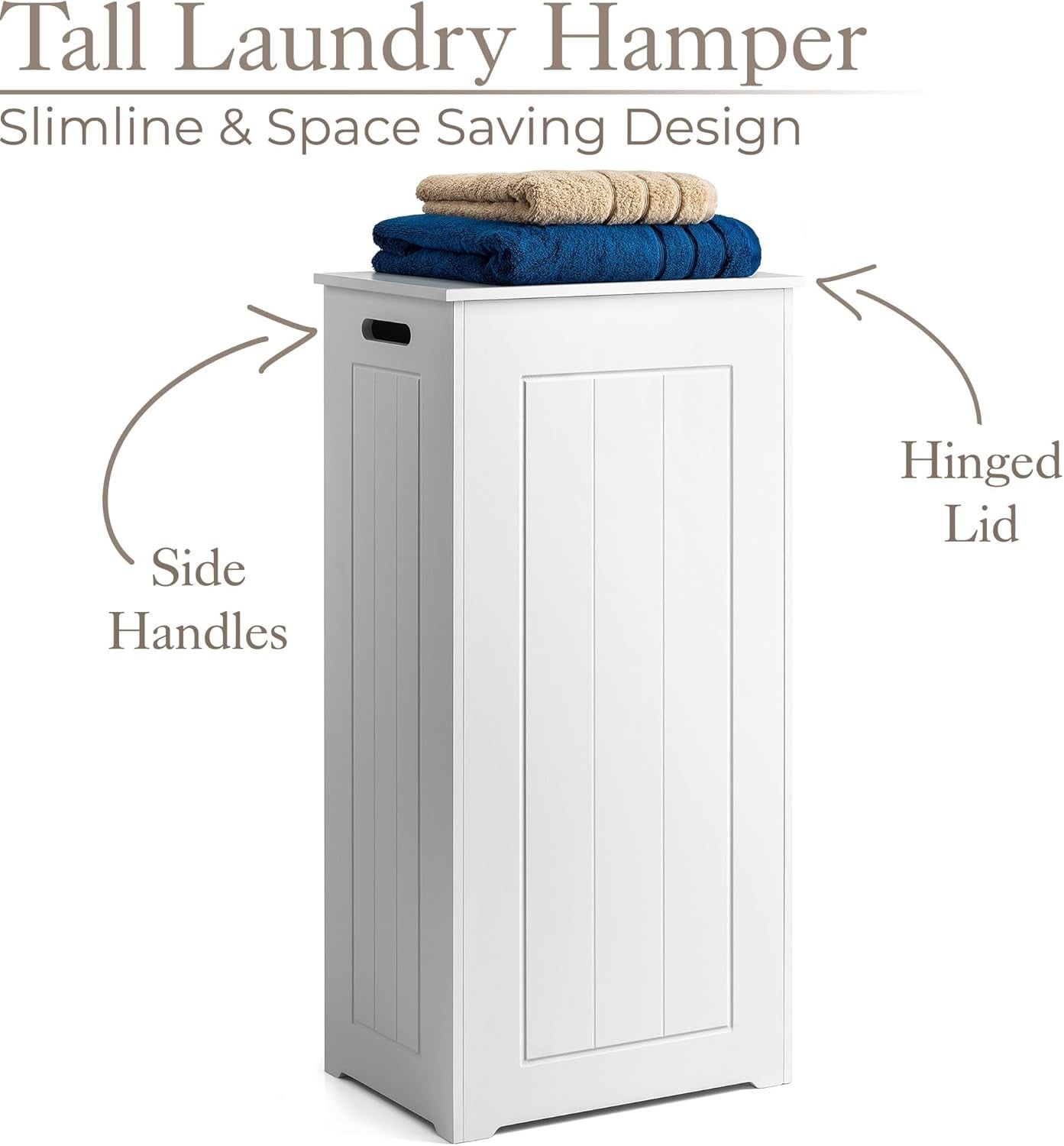 Slim Bathroom Laundry Cabinet Storage Box with Linen Hamper White Wood