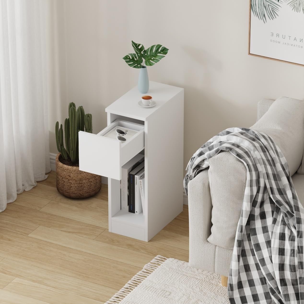 Slim White Bedside Table Drawer & Shelf, Narrow Nightstand for Small Spaces