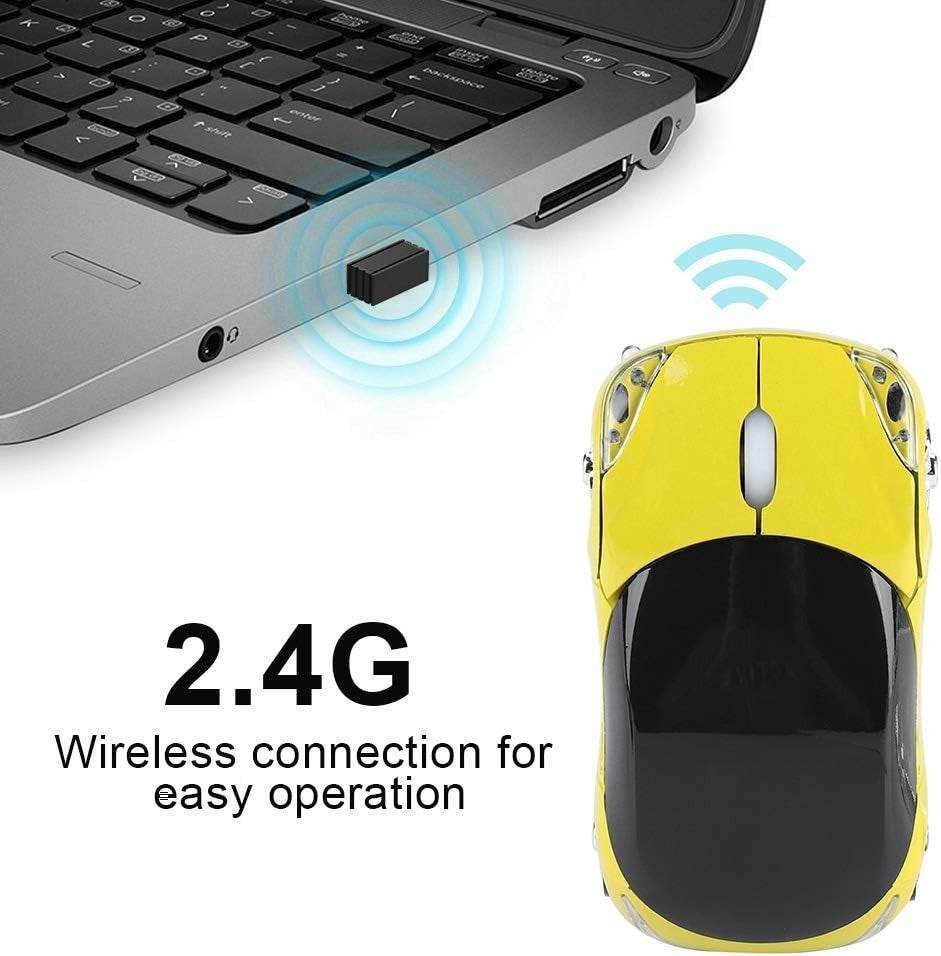 Yellow Kids Wireless Car Mouse 2.4G 1600 DPI USB Laptop