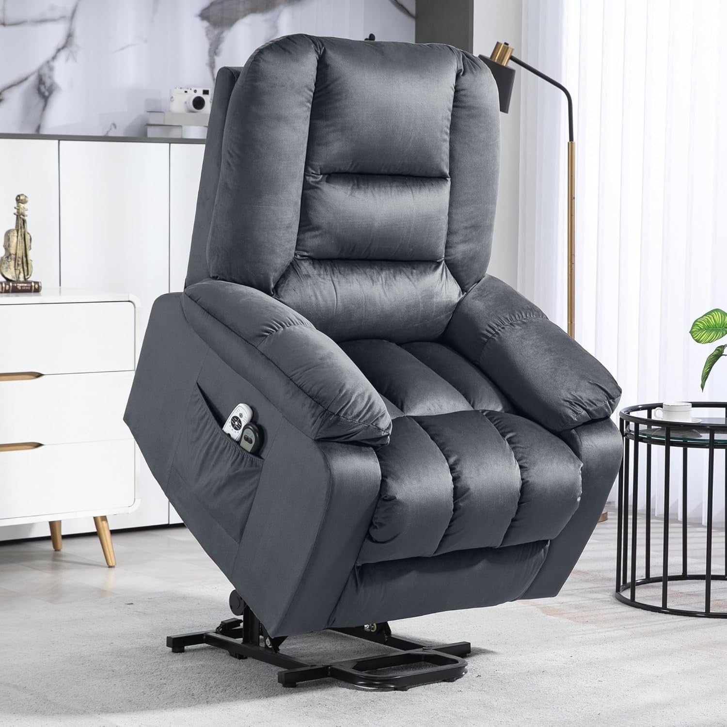 Velvet Lift Recliner Chair Massage Heat Riser Armchair for Elderly Grey