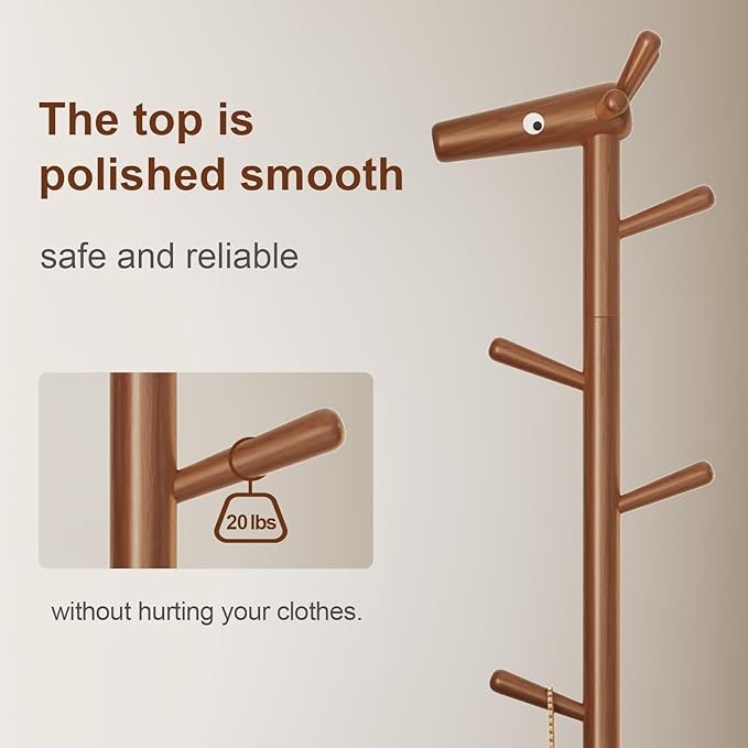 Walnut Wooden Coat Rack Stand | 5 Hooks with Storage Basket Hall Tree