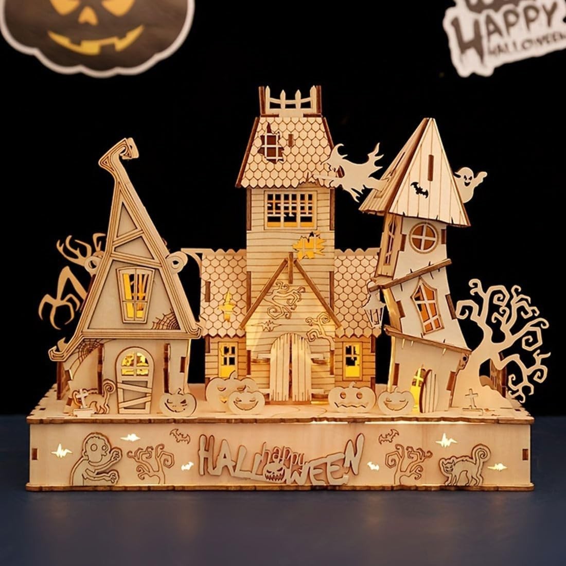 3D Wooden Halloween House Puzzle w/ LED Light | DIY Craft Kit Adults