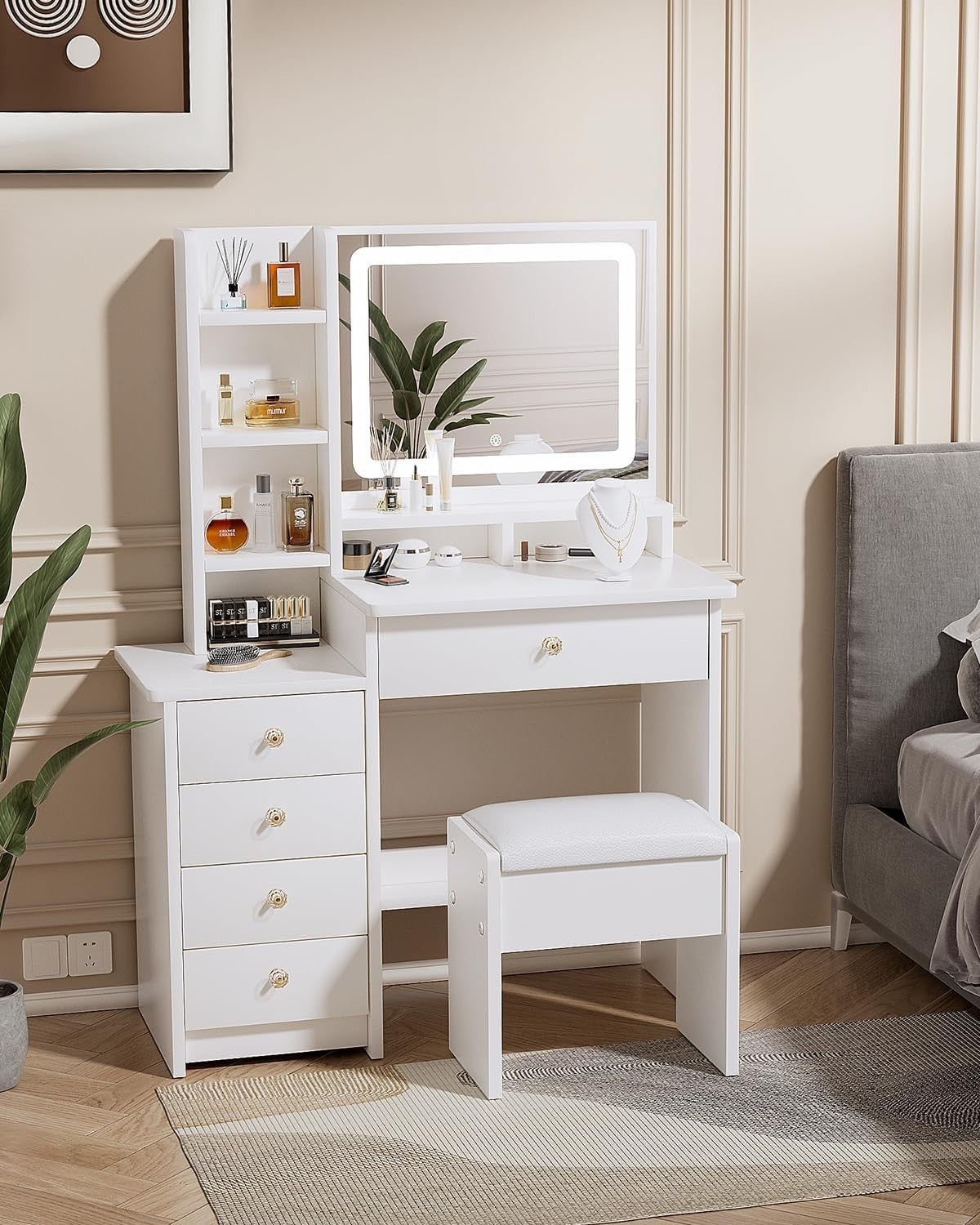 Makeup Vanity Desk Set LED Mirror 3-Color Light 4 Drawers Stool Dressing Table