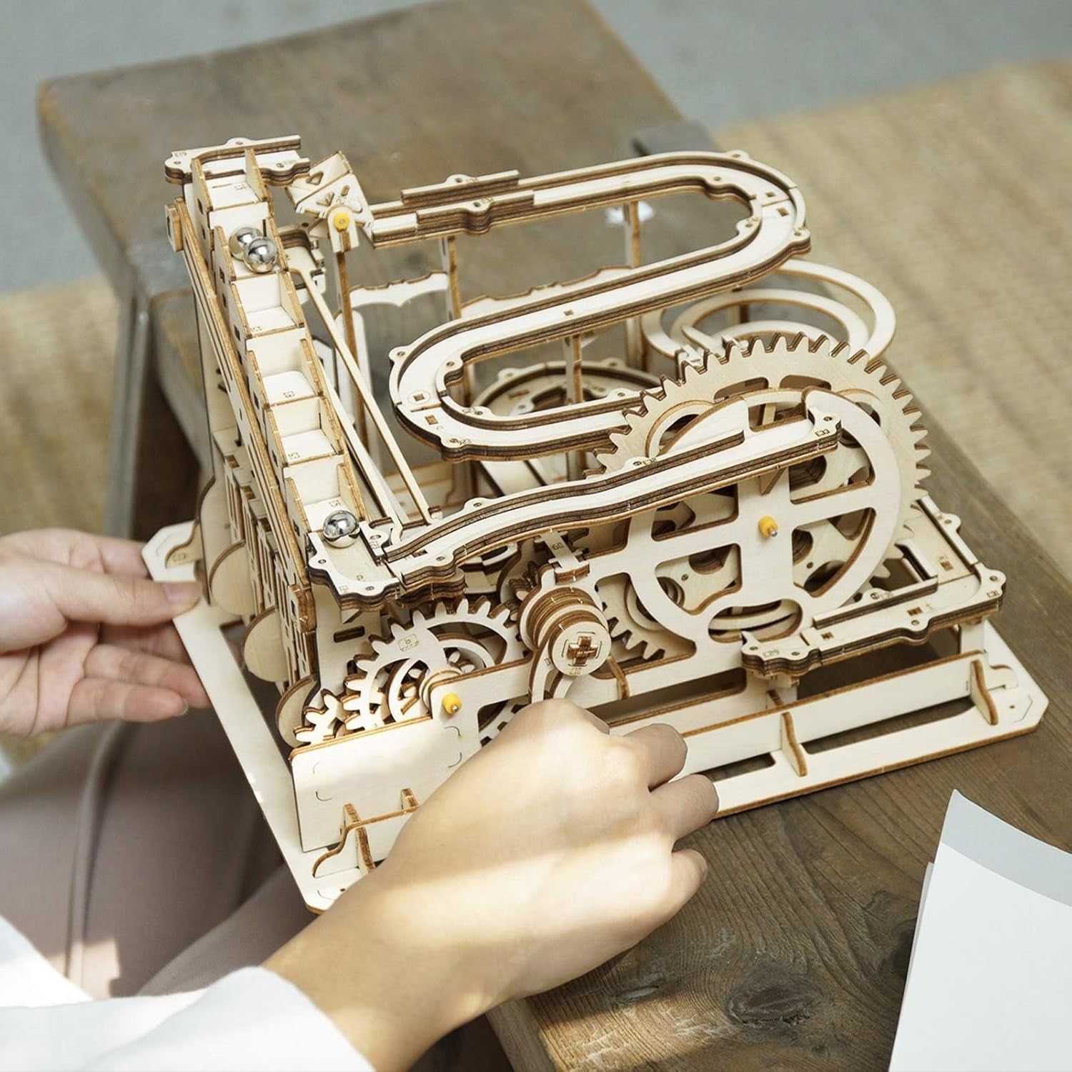 3D Wooden Marble Run Puzzle Coaster | Hand-Cranked Mechanical Model Kit