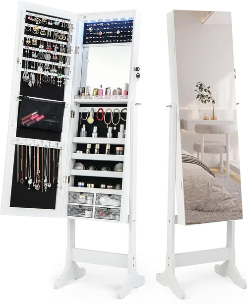 White Standing Jewelry Armoire Mirror LED Lights Lockable Adjustable Storage