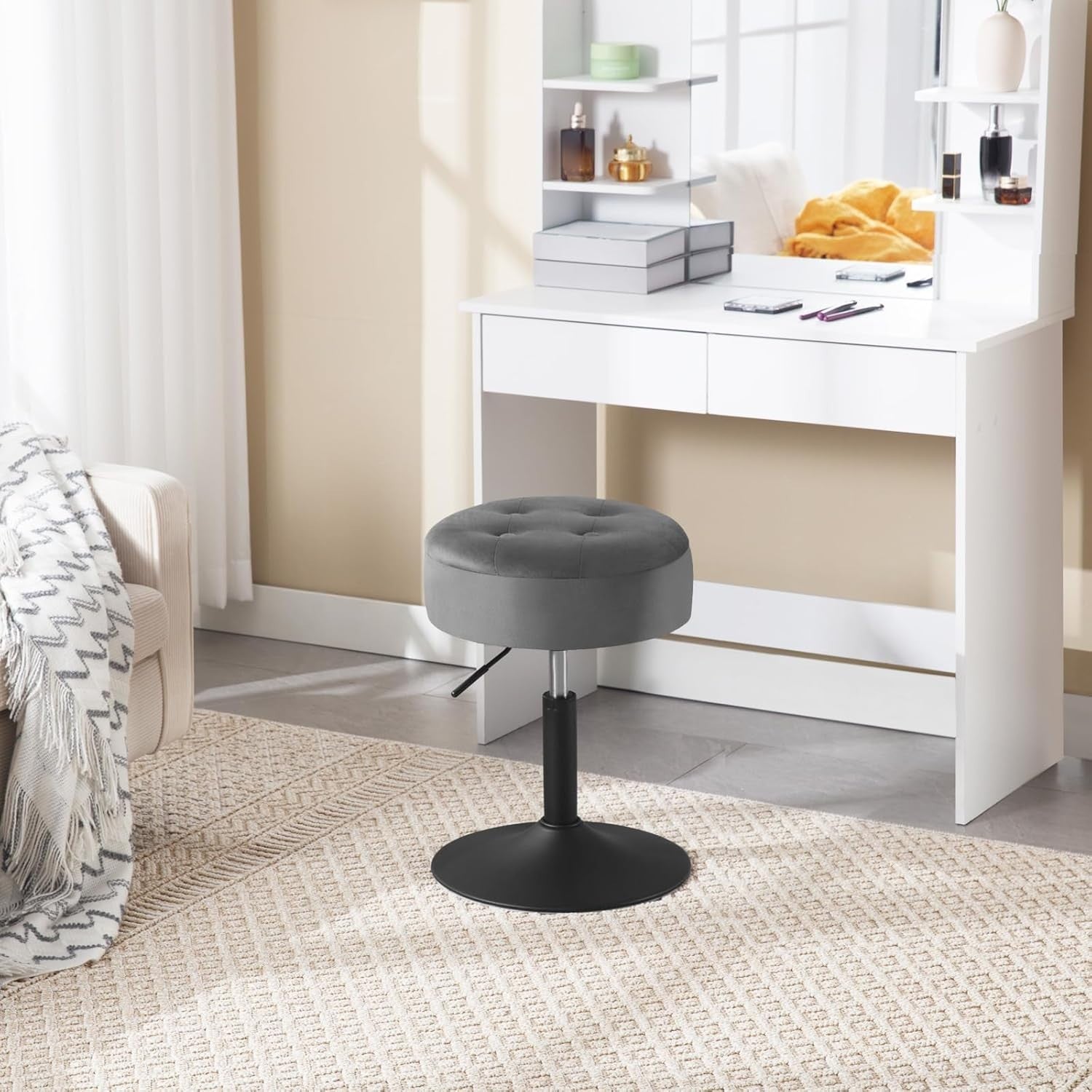 Dark Grey Velvet Swivel Vanity Stool with Storage Round Adjustable Seat