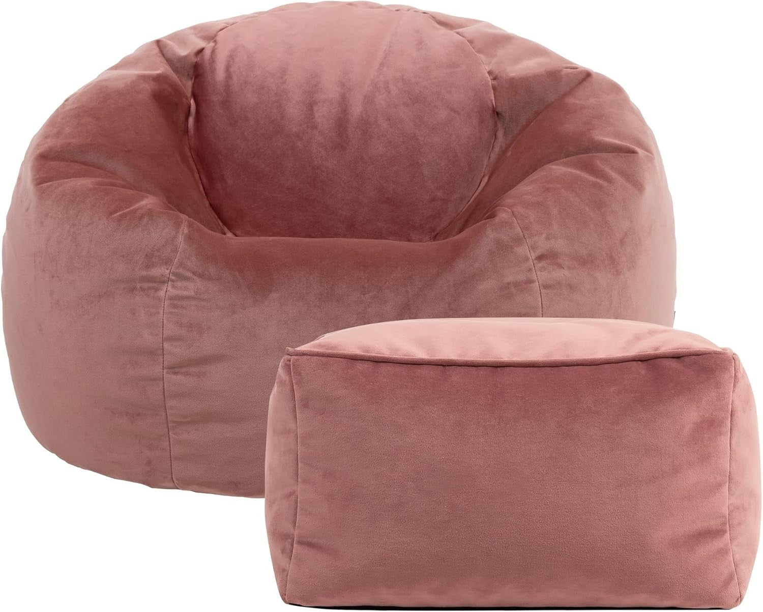 Velvet Bean Bag Chair w/ Footstool Dusk Pink Adult Size Luxury Seat