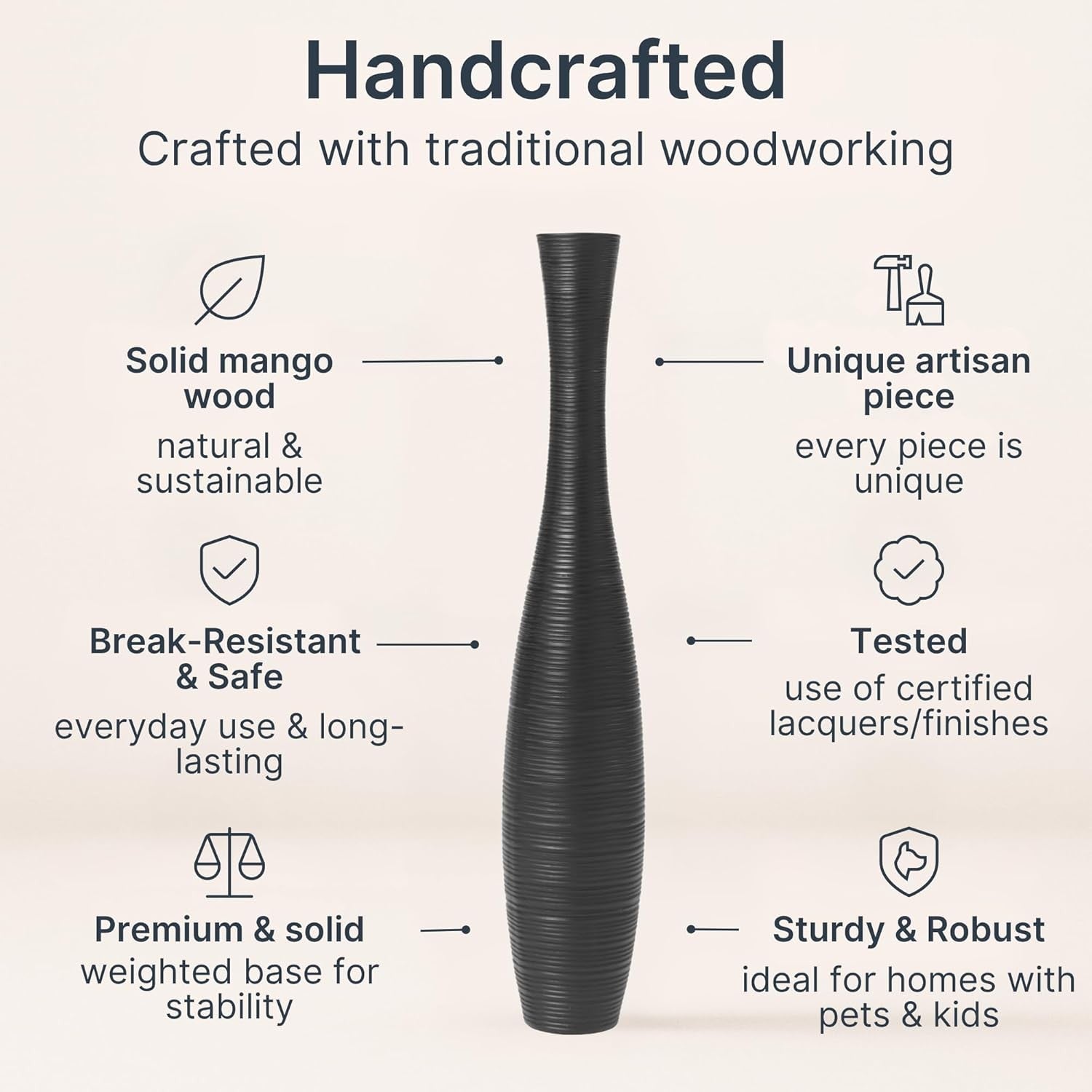 Black Floor Vase 65cm Tall Wooden Decor Pampas Grass