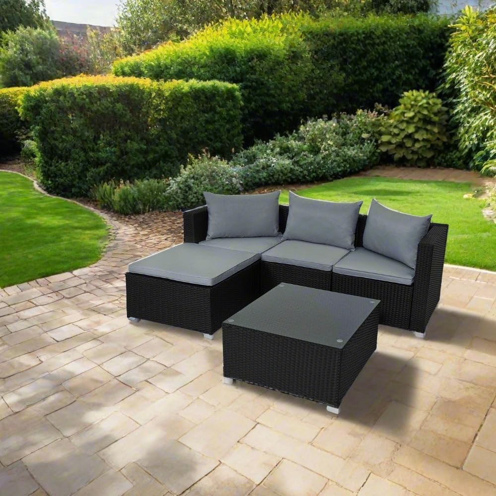 5-Piece Black Rattan Garden Corner Sofa Set with Cushions & Glass Table