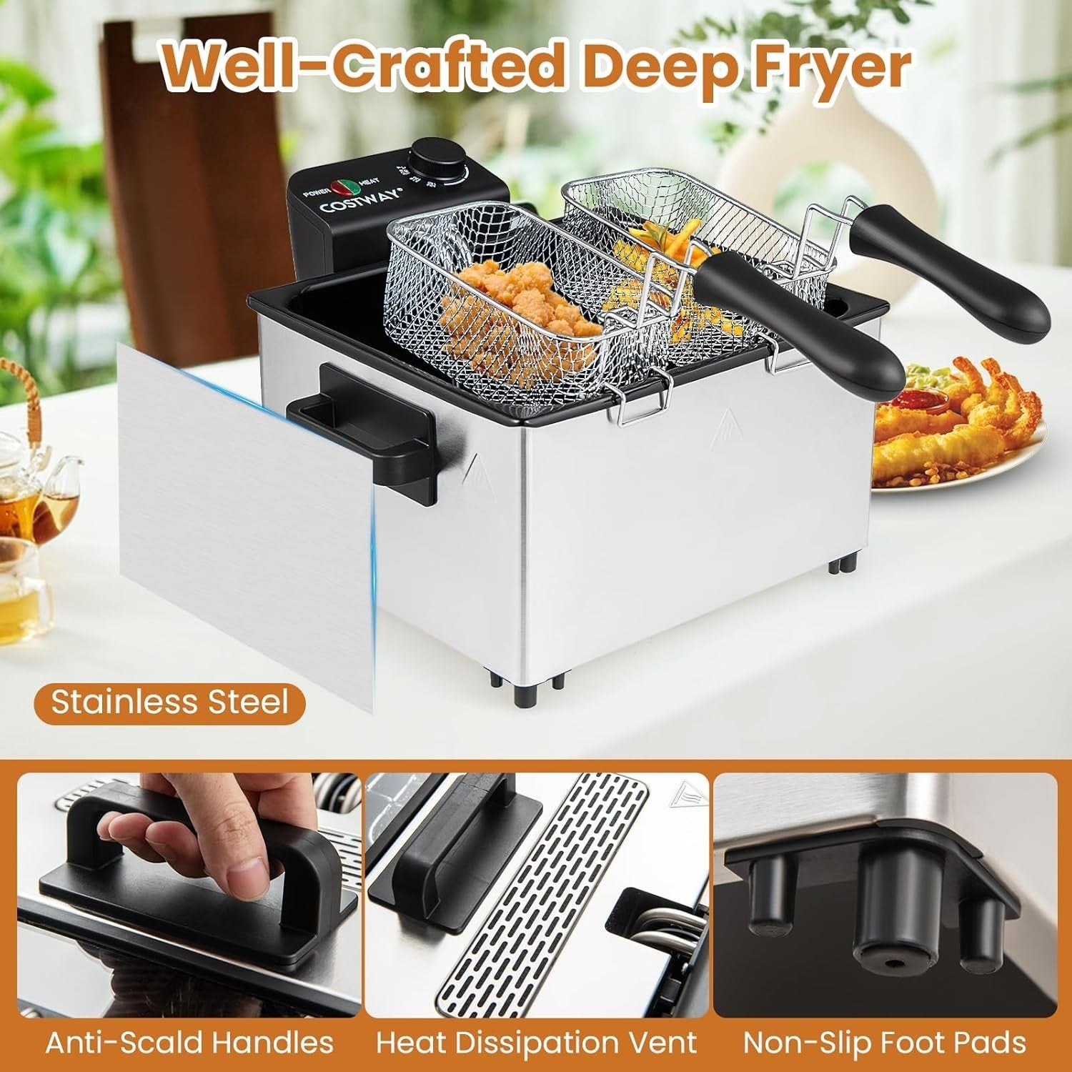 Electric Deep Fat Fryer 5L 2000W Stainless Steel 3 Baskets Viewing Window