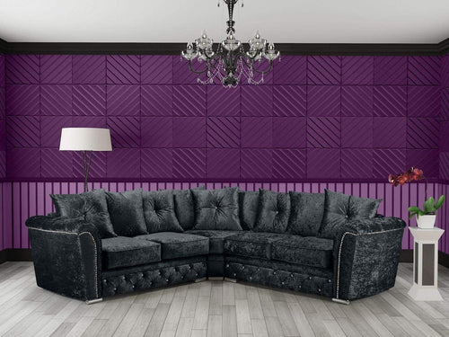 Black Crushed Velvet Corner Sofa 3-Seater | Deep L-Shape | Free Cushions