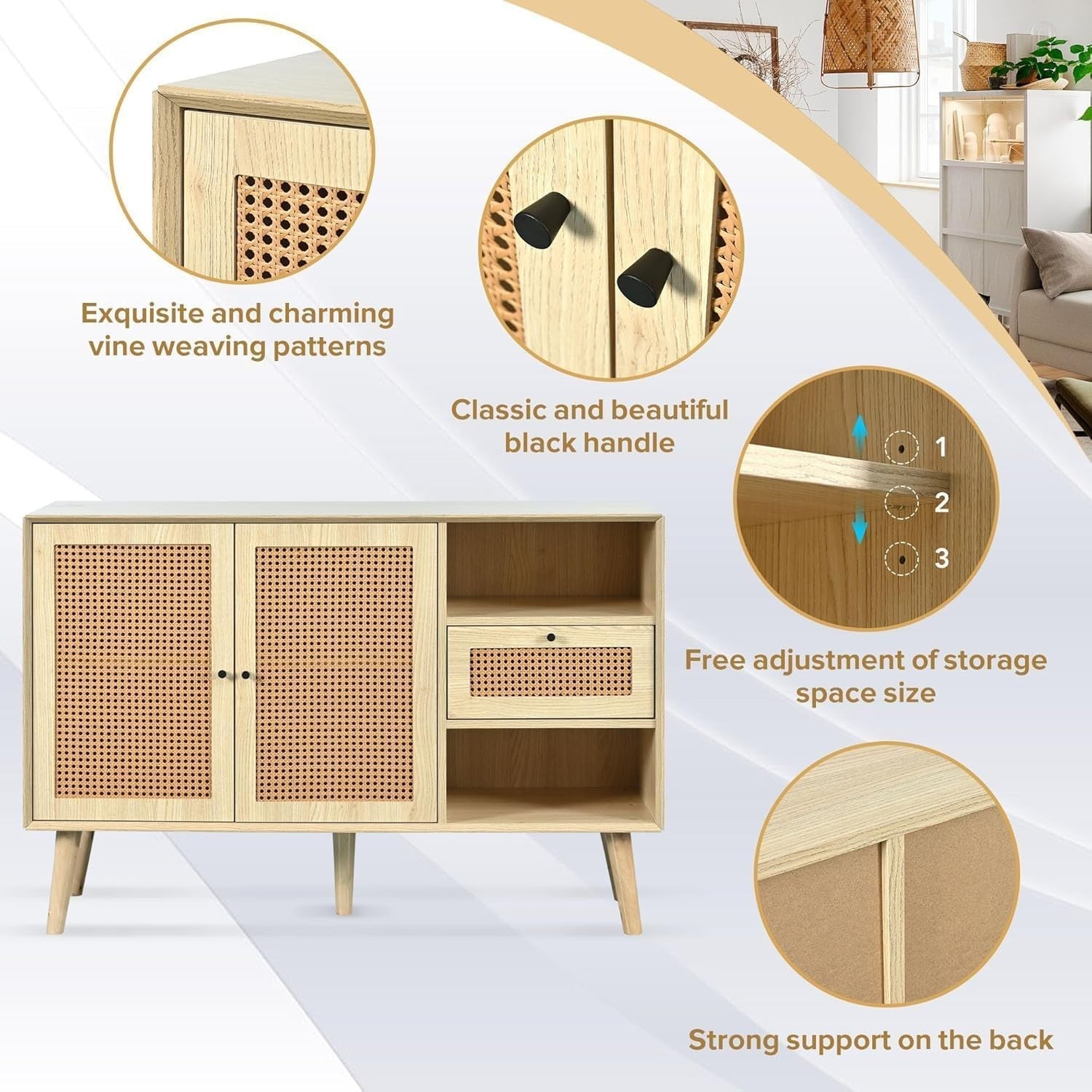 Modern Rattan Sideboard Cabinet Storage Unit Drawers Light Oak Wood