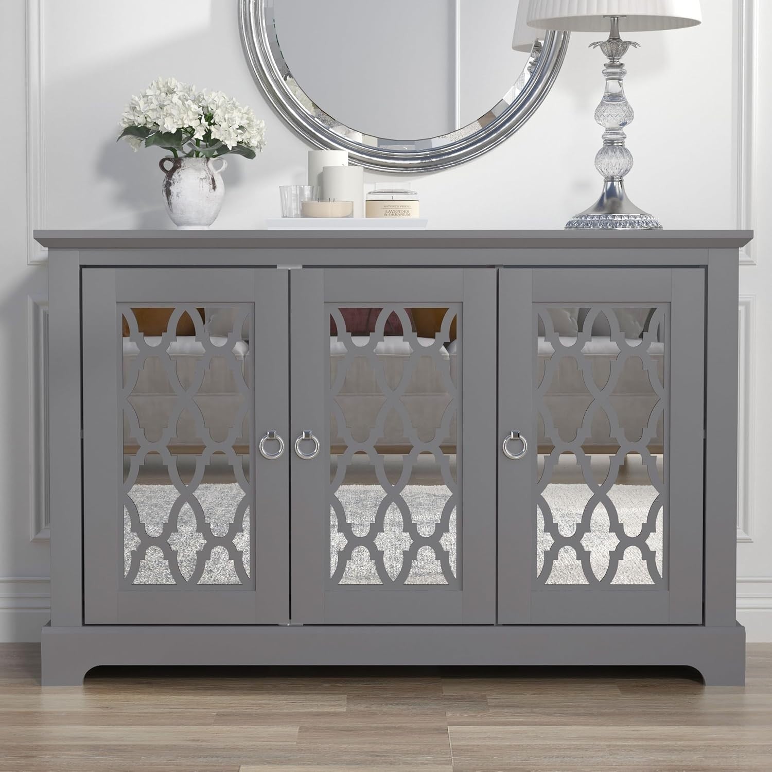 3-Door Cool Grey Sideboard Cabinet Adjustable Shelves Storage Cupboard Modern