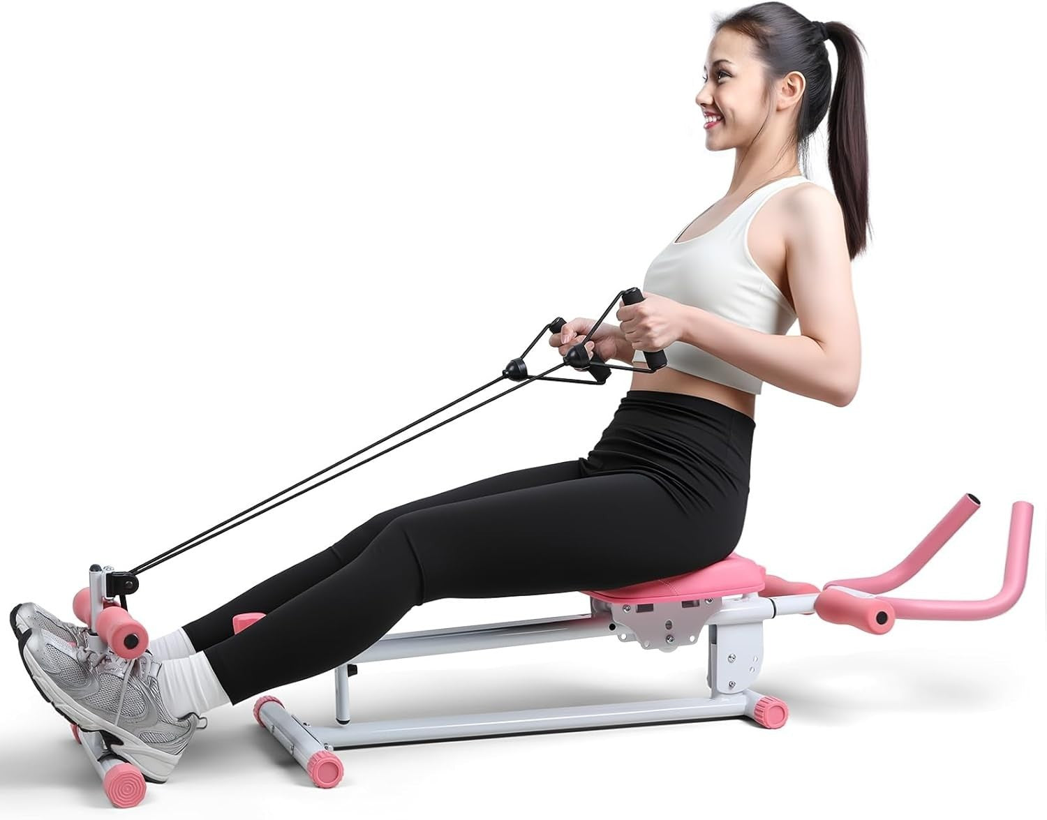 4-in-1 Rowing & Ab Machine Foldable Full Body Trainer Quiet Slide 120KG Pink
